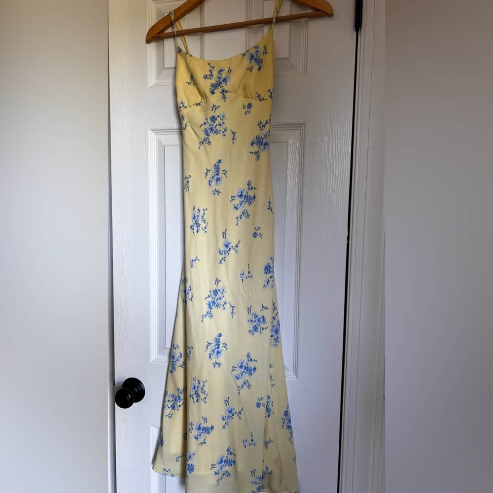 Hollister Pale Yellow Maxi Slip Dress with Blue Floral Print